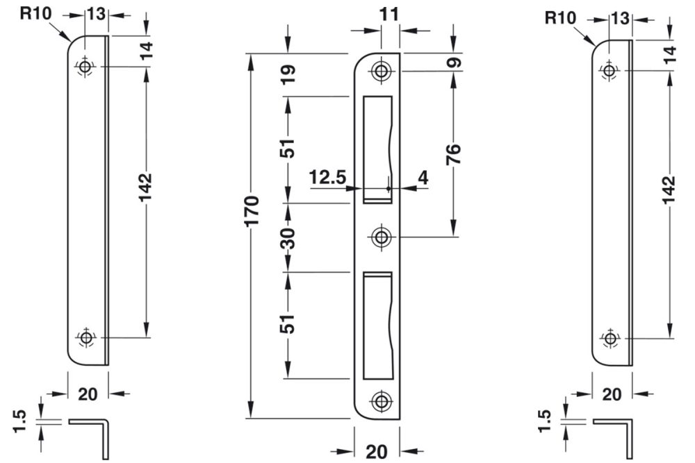 Angled striking plate, for flush doors, 170 mm