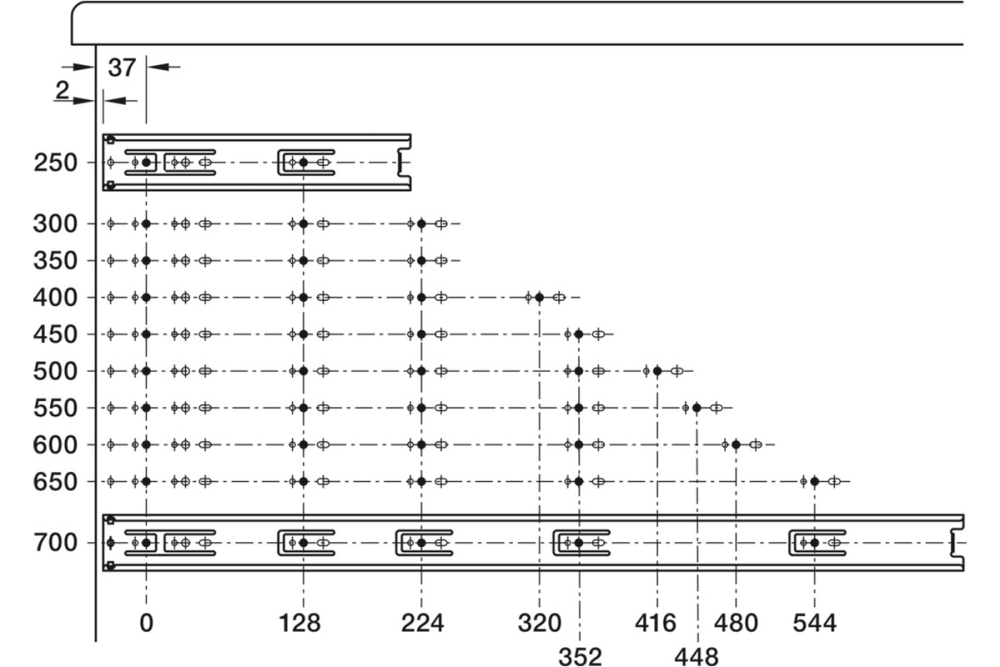 Ball bearing runner, Häfele Matrix Runner BB S, overextension, load bearing capacity up to 30 kg, steel, side mounted
