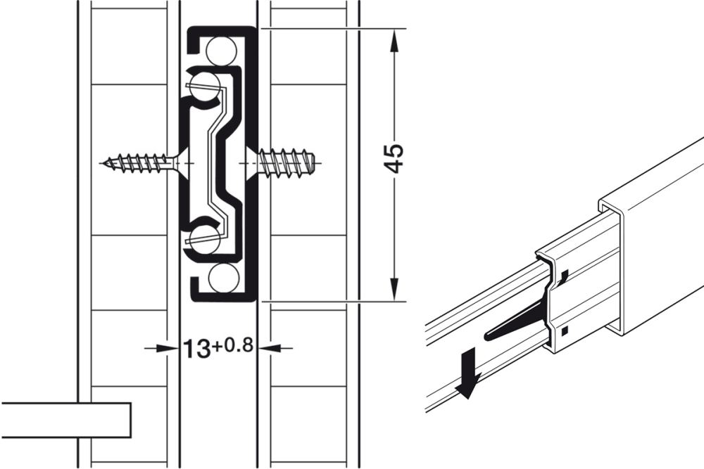 Ball bearing runner, Häfele Matrix Runner BB S, overextension, load bearing capacity up to 30 kg, steel, side mounted