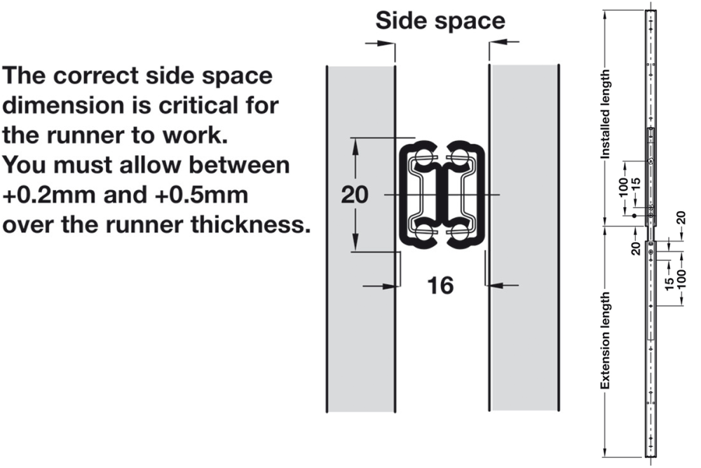 Ball bearing runners, Full extension, Accuride DZ 2431, load bearing capacity up to 20 kg, steel, side mounting