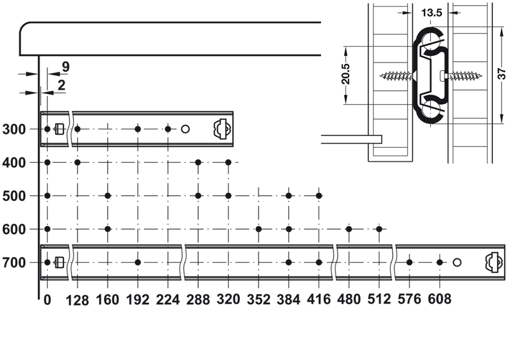 سكة كروية للدرج والرف – امتداد مفرد
