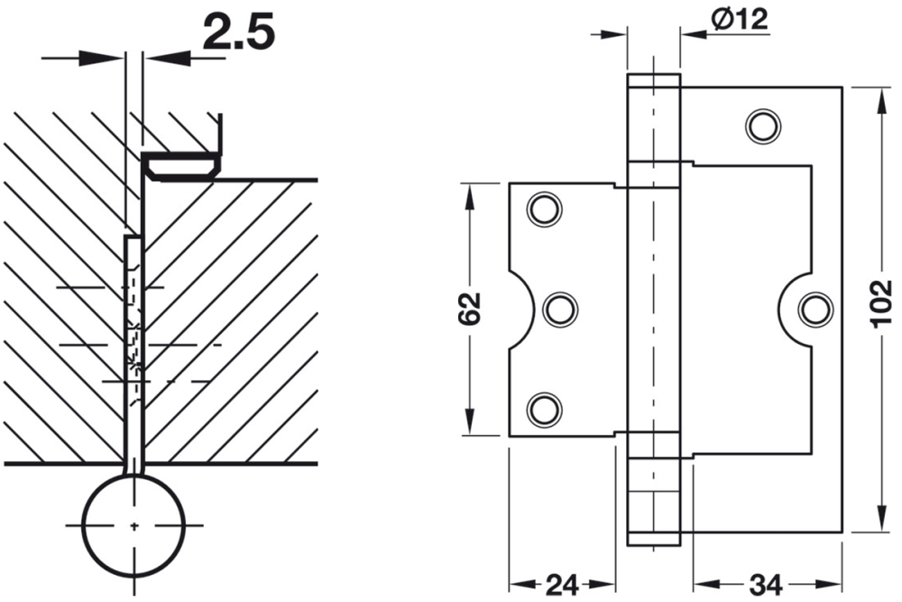 Butt hinge, for flush mounting, size 102 mm