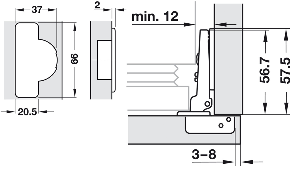 مفصلة مخفية، Häfele Metalla 510 A، بزاوية فتح 94°