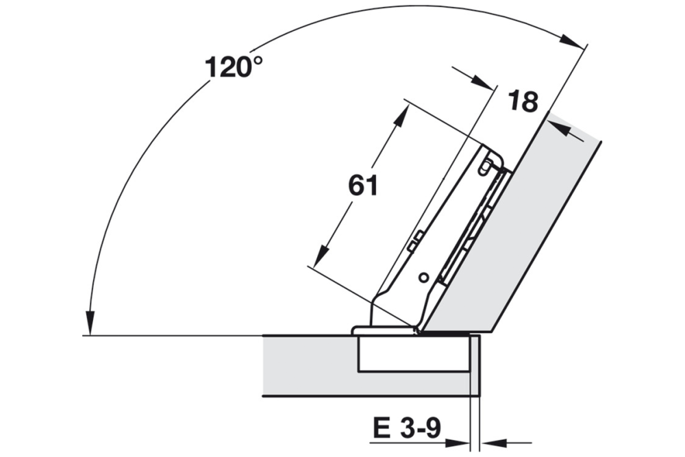 Concealed hinge, Häfele Metalla 510 A/SM 94°, for 30° corner applications, overlay