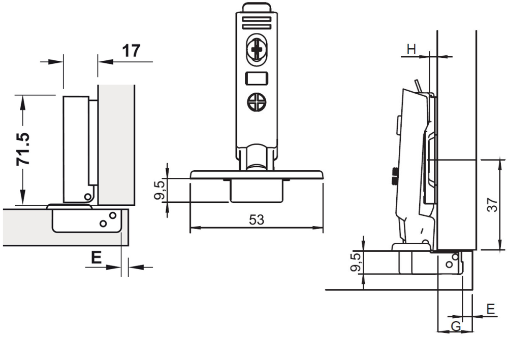 مفصلة مخفية، Häfele Metalla SM بزاوية فتح 95°، صغيرة – تثبيت تغطية كاملة، بآلية إغلاق ناعم