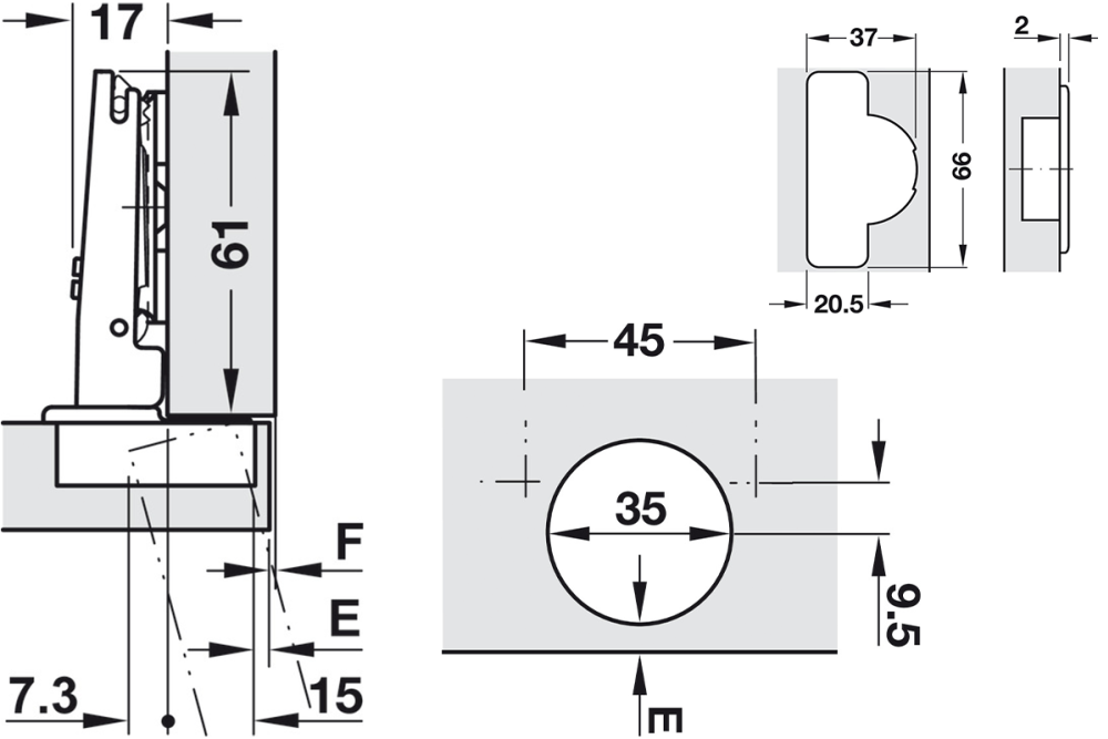 Concealed hinge, Häfele Metalla 510 A/SM 110°, full overlay mounting