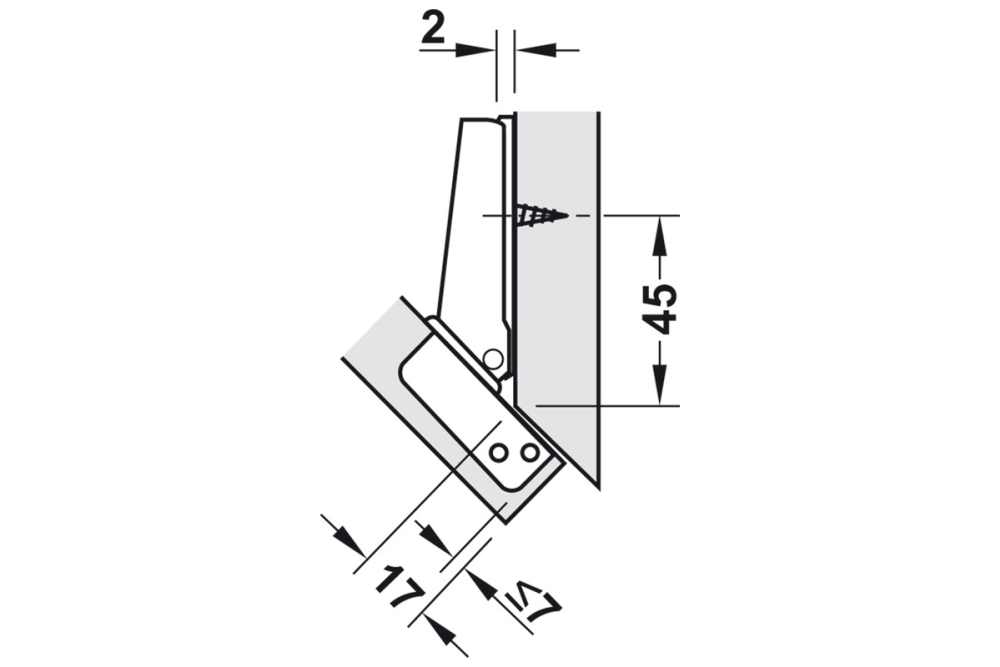 Concealed hinge, Häfele Metallamat A 92°, for -45° corner application