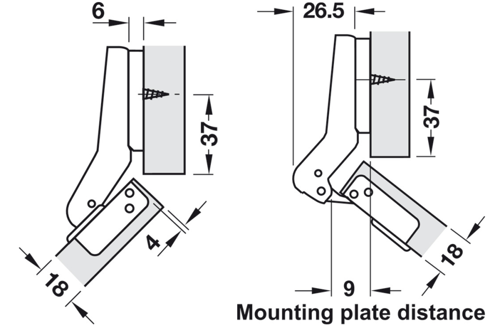 Concealed hinge, Häfele Metallamat A/SM 92°, for 45° corner application