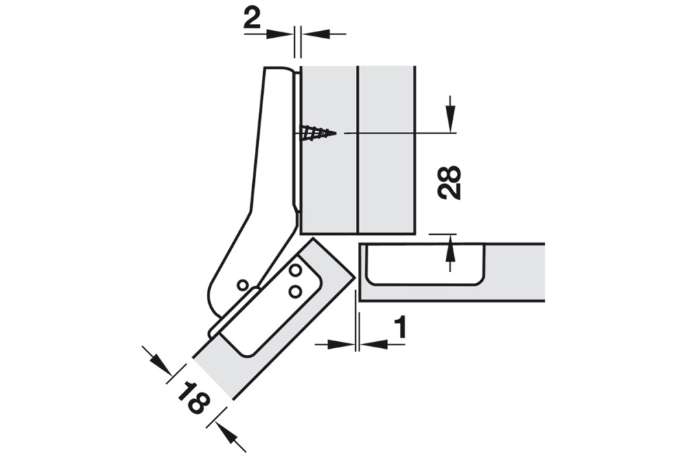 Concealed hinge, Häfele Metallamat A/SM 92°, for 45° corner application