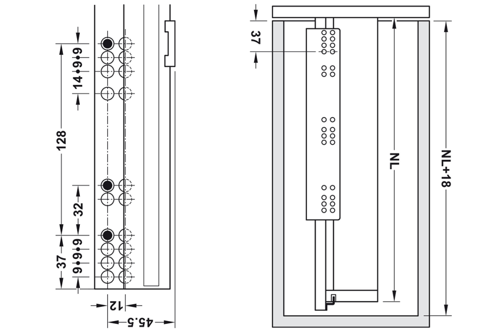 Concealed runner, Häfele Matrix Runner UM A 30, full extension, load bearing capacity up to 30 kg, synchronised running action