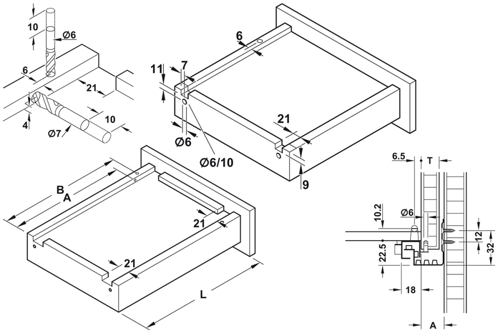 Concealed runner, Häfele Matrix Runner UM A25, single extension, load bearing capacity up to 25 kg