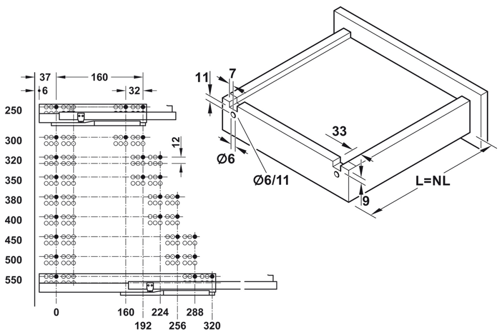 سكة سحب خفية، Häfele Matrix Runner UM S25، امتداد مفرد، قدرة تحميل حتى 25 كغم