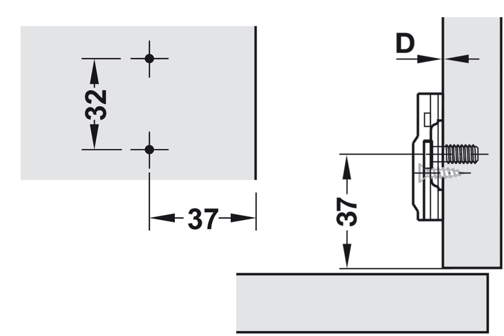Cruciform mounting plate, Häfele Metalla 310 SM, with quick fixing system, height adjustment ±2 mm via slot, for screw fixing with chipboard screws