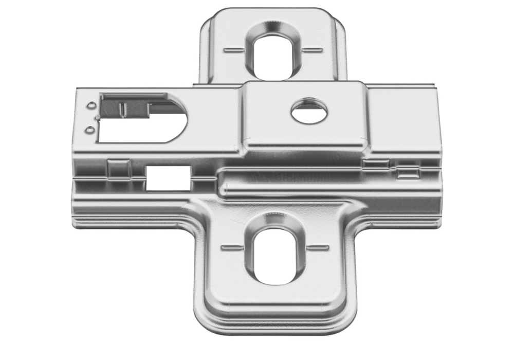 Cruciform mounting plate, Häfele Metalla 310 SM, with quick fixing system, height adjustment ±2 mm via slot, for screw fixing with chipboard screws
