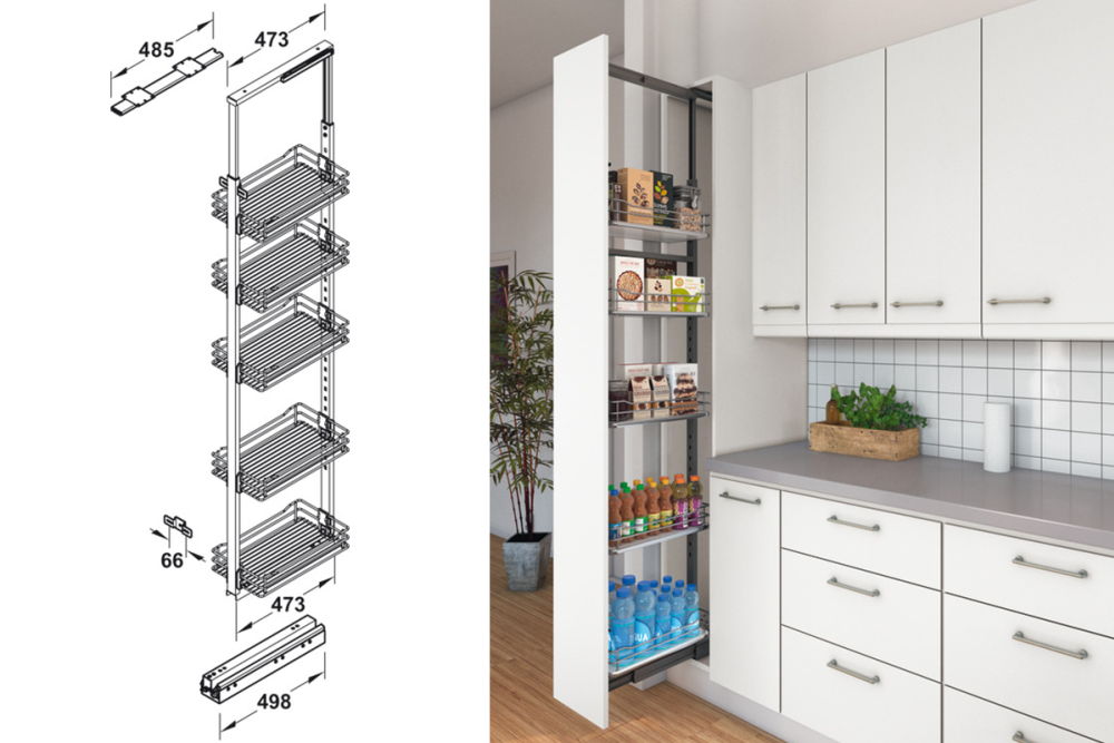 Door front fixing pull out larder unit, Häfele, with baskets for installation behind front panels
