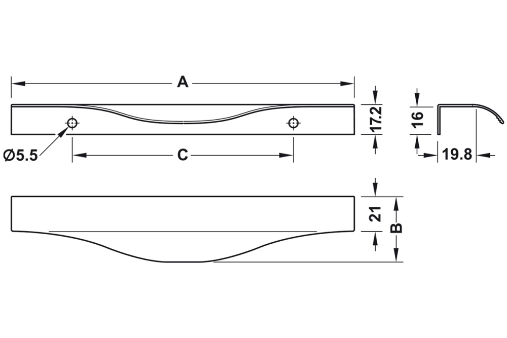 Furniture handle, Edge pull handle, aluminium