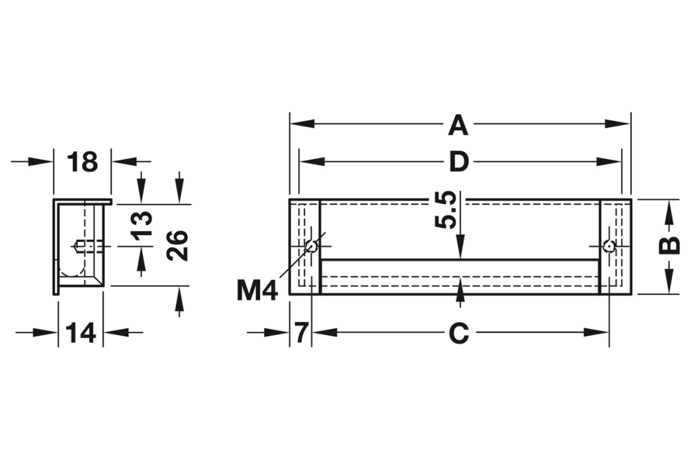 Inset handle, Aluminium, zinc alloy end caps, U-shape