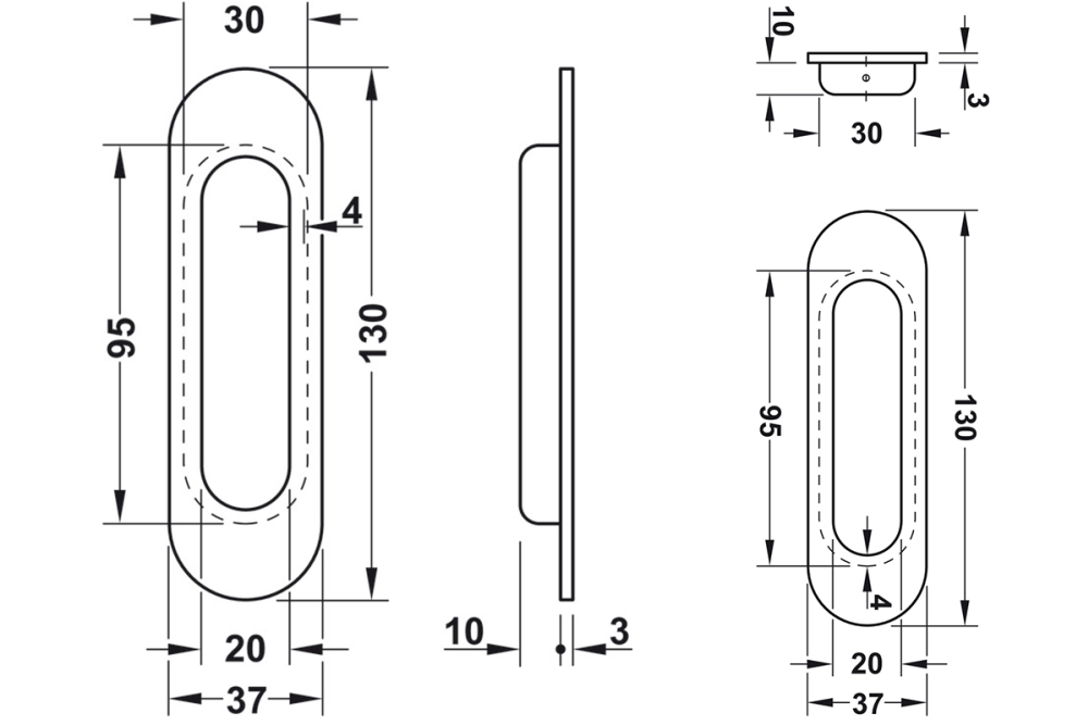 Inset handle, Stainless steel, oval
