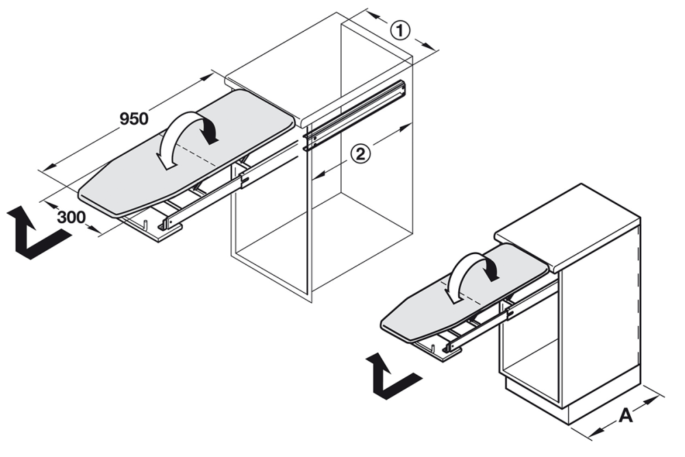 Ironing board, Ironfix, for installation behind drawer front panel