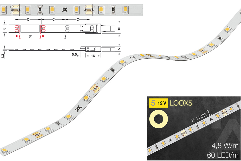 LED strip light, Häfele Loox5 LED 2062 12 V 8 mm 2-pin (monochrome), 60 LEDs/m, 4.8 W/m, IP20