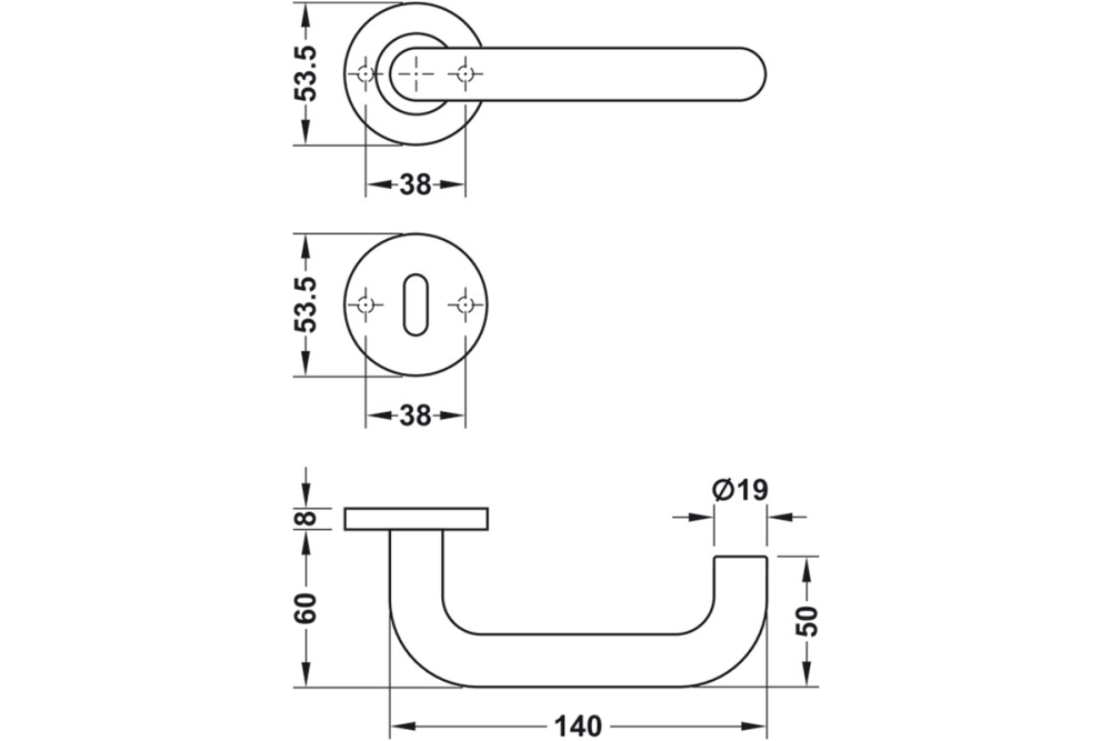 Lever handle on rosette, Häfele Startec model LDH 2170 stainless steel, fire resistant door