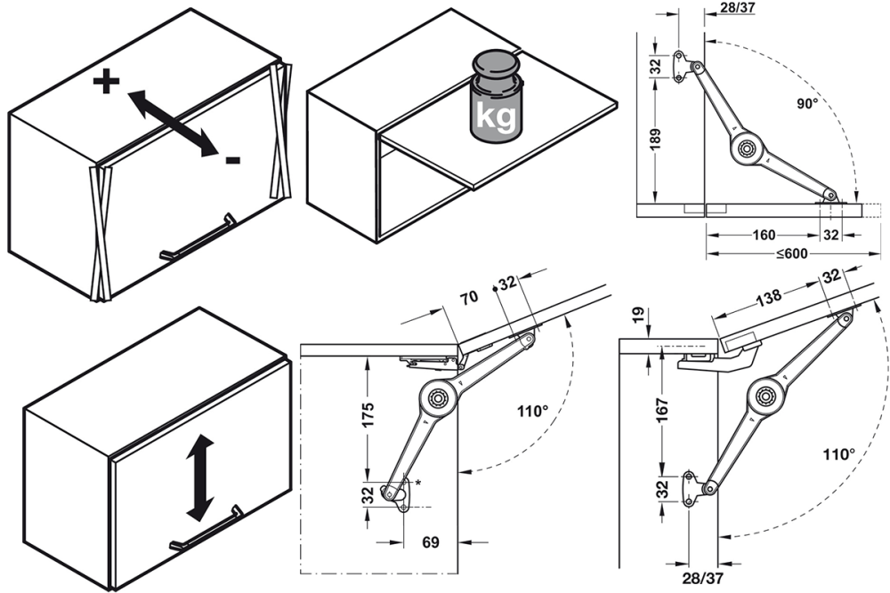 Lid stay/flap stay, Häfele Duo forte, individual fitting