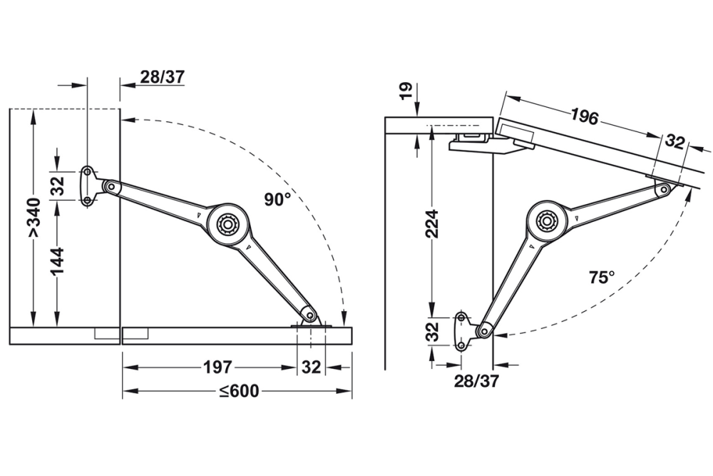 Lid stay/flap stay, Häfele Duo forte, individual fitting