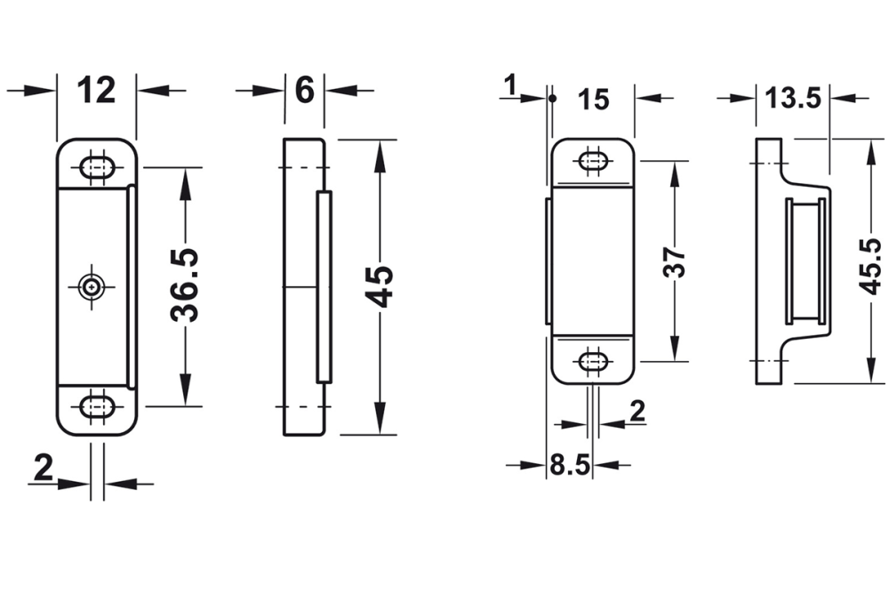 Magnetic catch, for screw fixing, straight-edged