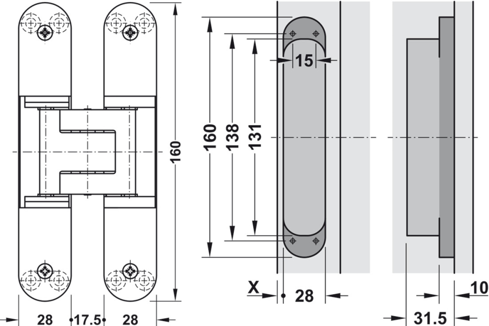 Mortice hinge, Simonswerk TECTUS TE 340 3D, concealed, for flush doors up to 80 kg
