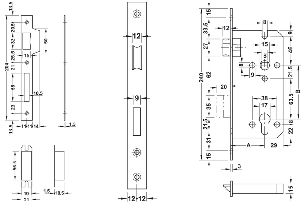 Mortise lock, for hinged doors, Startec, grade 3, profile cylinder