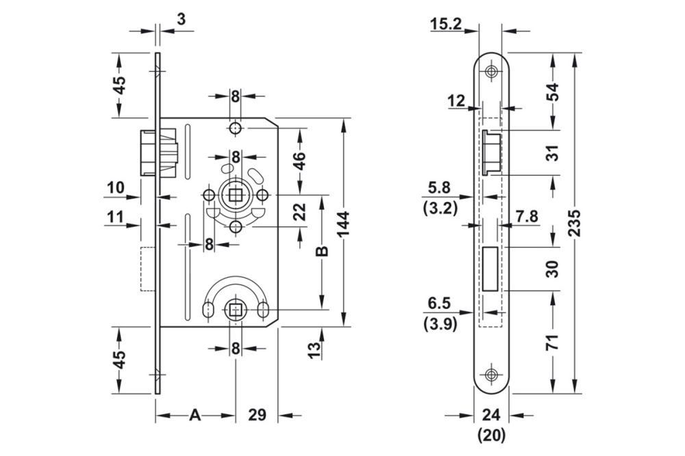 Mortise lock, for pivot doors, Startec, bathroom/WC, 55 mm axle