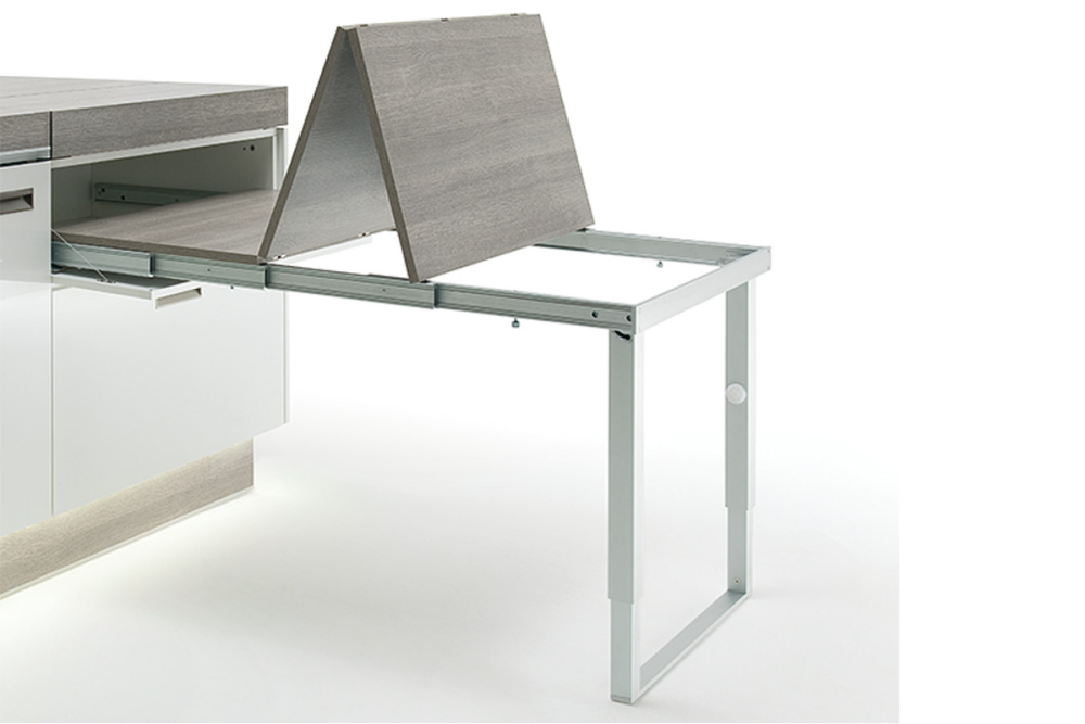 Pull-out table and folding fitting, with folding table leg