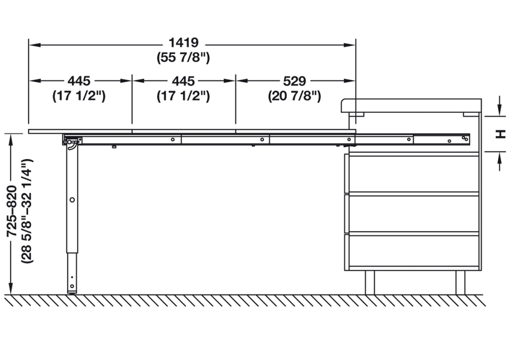 Pull-out table and folding fitting, with folding table leg