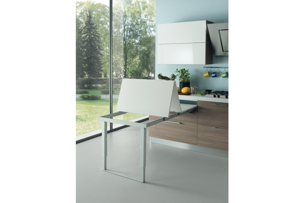 Pull-out table and folding fitting, with folding table leg