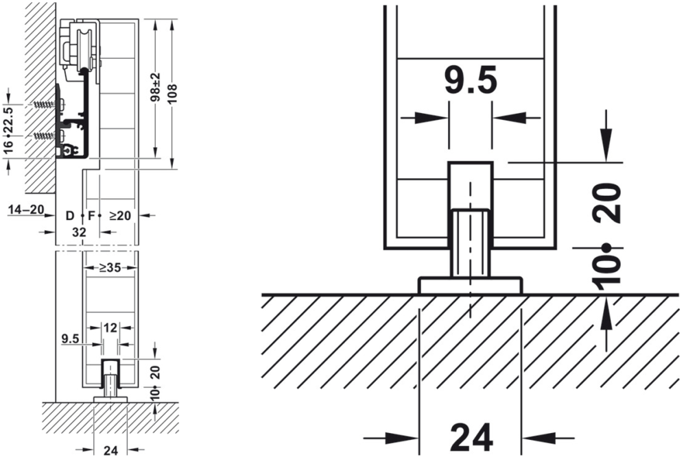 Sliding door fitting, Slido D-Line41 50X, set