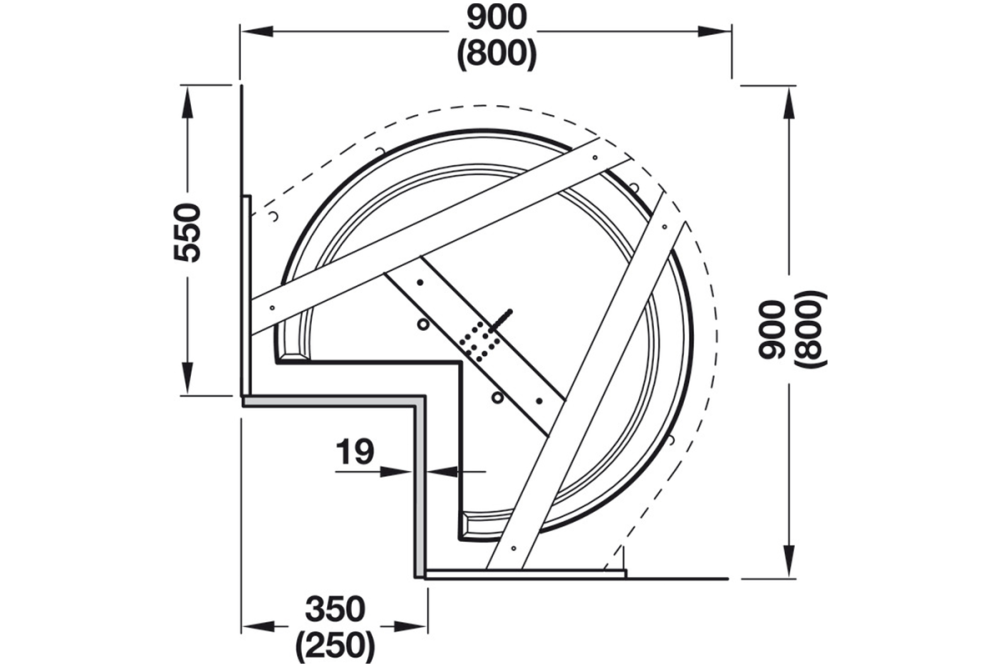 Three quarter circle carousel fitting, corner cabinet, with cabinet