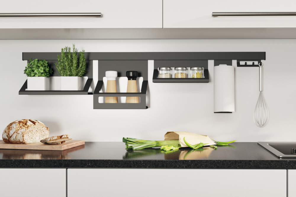 Shelf with hooks, Railing system, aluminium/steel