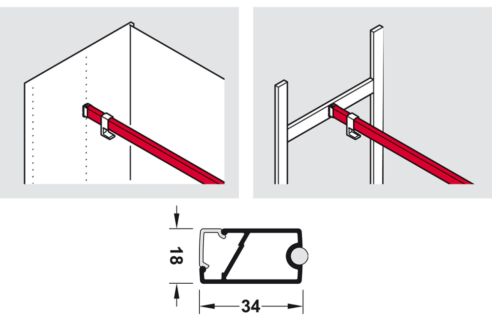 Wardrobe rail, Häfele Dresscode profile 5104 for LED strip lights 8 mm