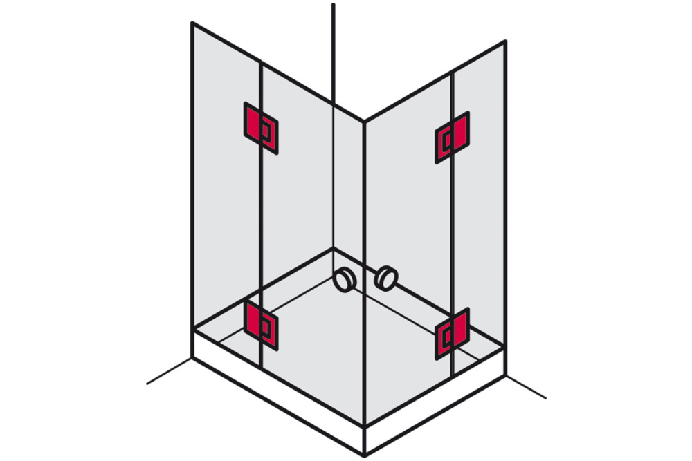 shower door hinge, for glass-glass connections, 180° glass front