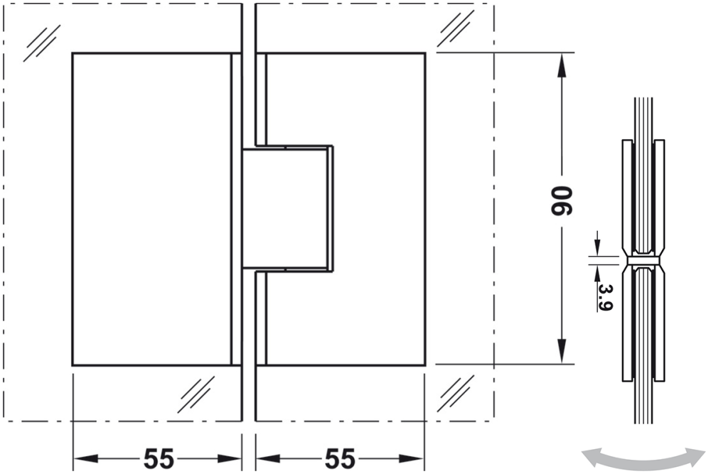 shower door hinge, for glass-glass connections, 180° glass front